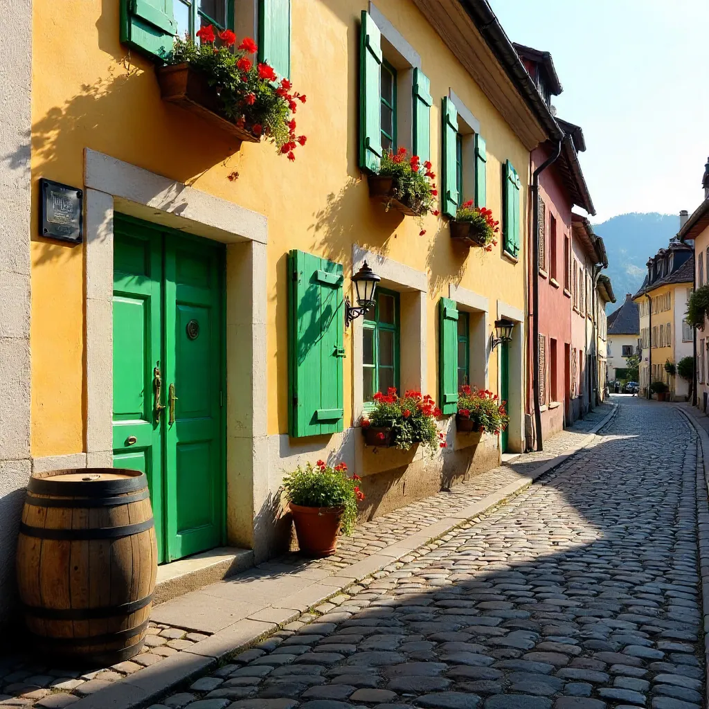 Bright Facade with Green Doors and Barrel Decor in Bernkastel-Kues
