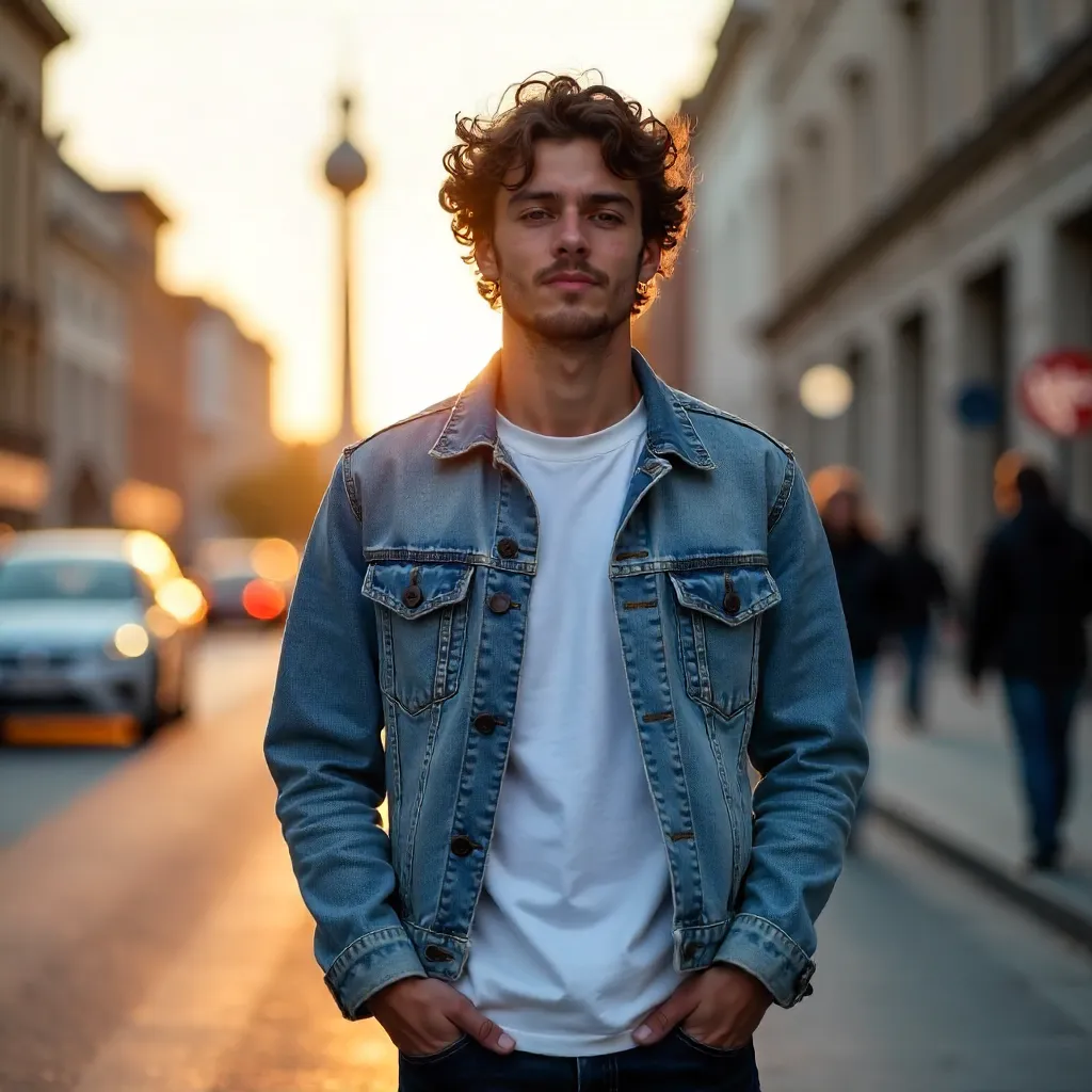 Curly-Haired Young Man Posing Outdoors in Berlin