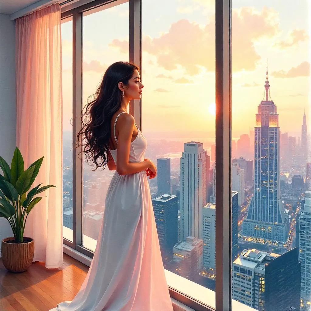 Watercolor Portrait in a Penthouse at Golden Hour