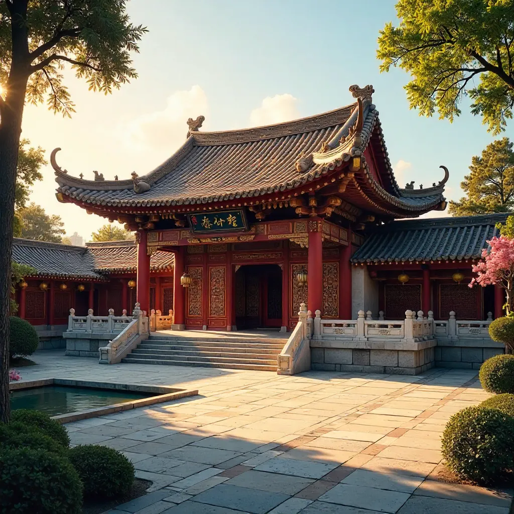 Sunlit Traditional Asian Temple: Golden Hour Grandeur