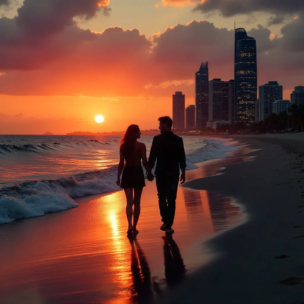 Silhouetted Beach Sunset Over City Skyline