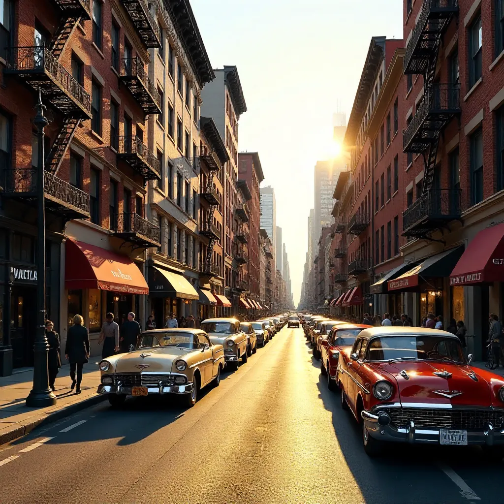 Bustling NYC Street: Classic Architecture and Parked Cars