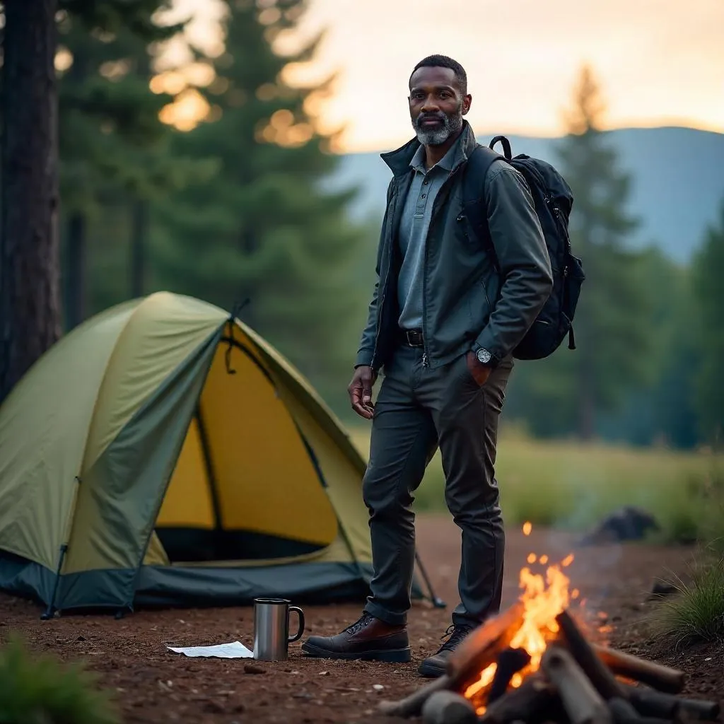 Photorealistic Portrait of a Professional Black Man Camping
