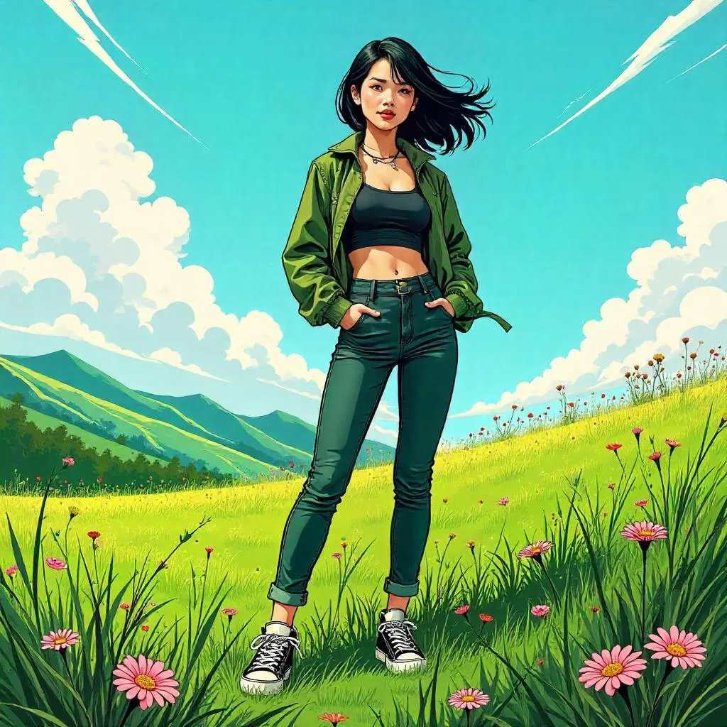 Meadow Heroine: Stylish Asian Woman in Comic Style