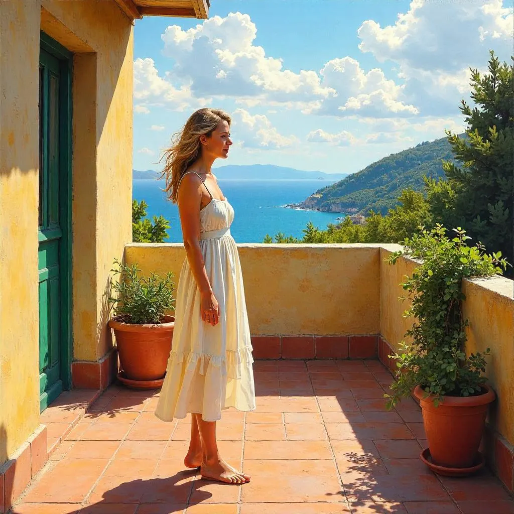 Terrace Reverie: An Oil Portrait on a Sunlit Terrace