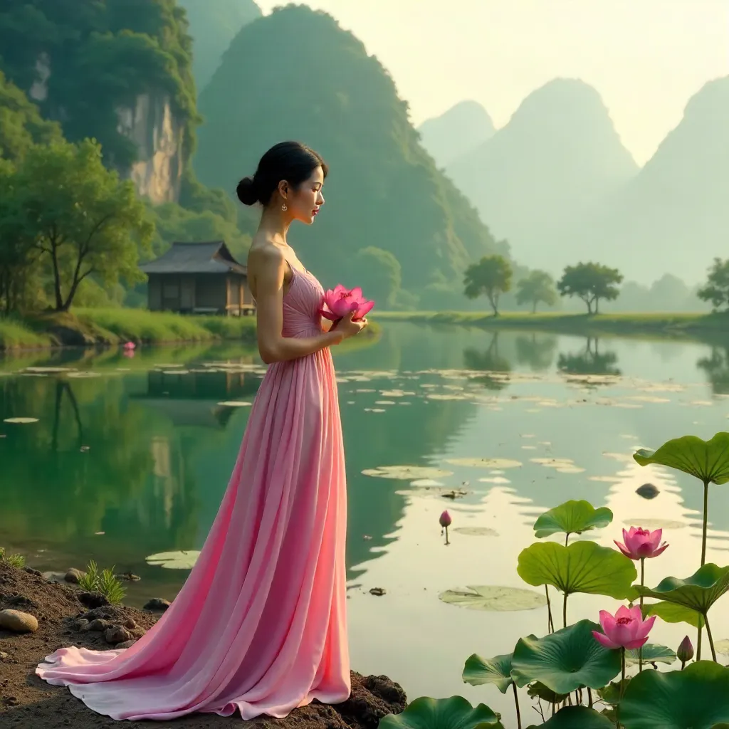 Graceful Pink-Dressed Woman in a Vietnamese Lotus Landscape