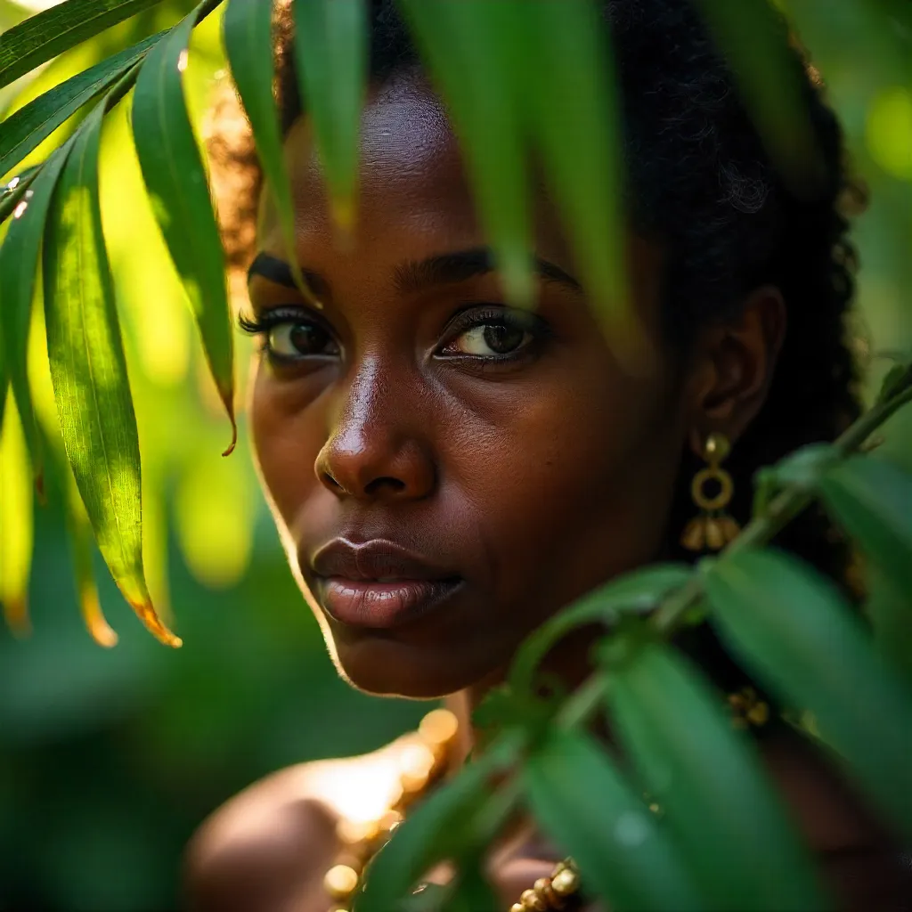 Leaves Veiled Papuan Portrait in Rainforest Light