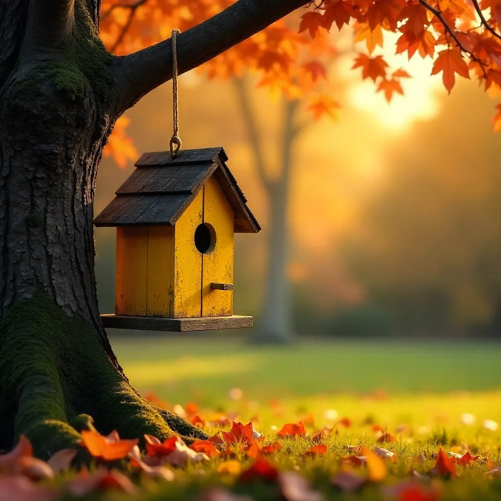 Autumn Yellow Birdhouse in Serene Fall Light
