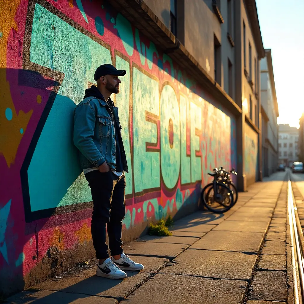 Sunlit Berlin Graffiti: Man by the Wall