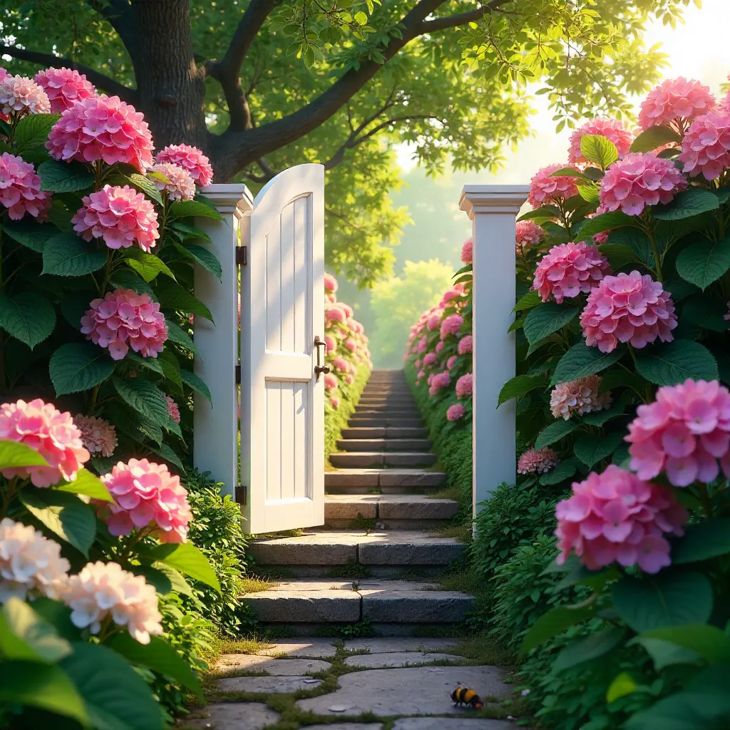 White Gate to Pink Hydrangea Stairway Garden