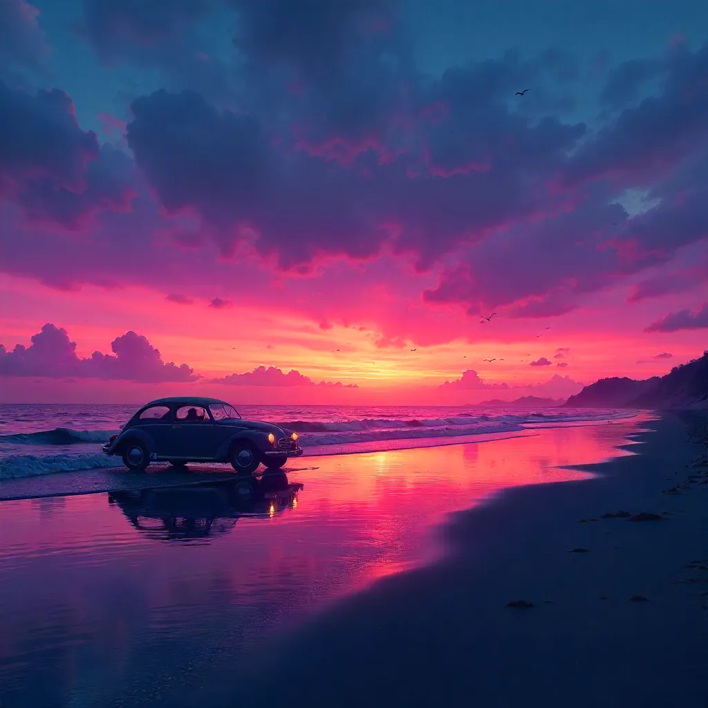 Twilight Beach: Car Silhouette at Dusk