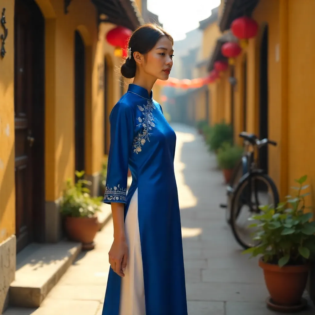 Elegant Ao Dai in a Sunlit Hoi An Alley