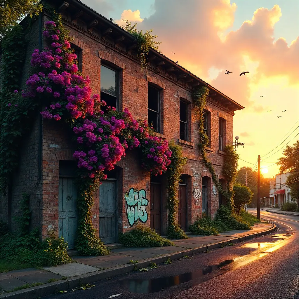 Vines Reclaiming an Abandoned Brick Building at Sunset