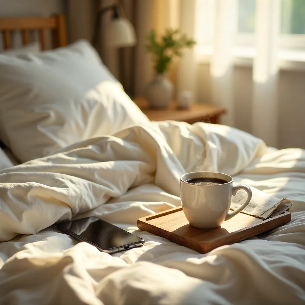 Morning Coffee in Bed with Phone and Newspaper
