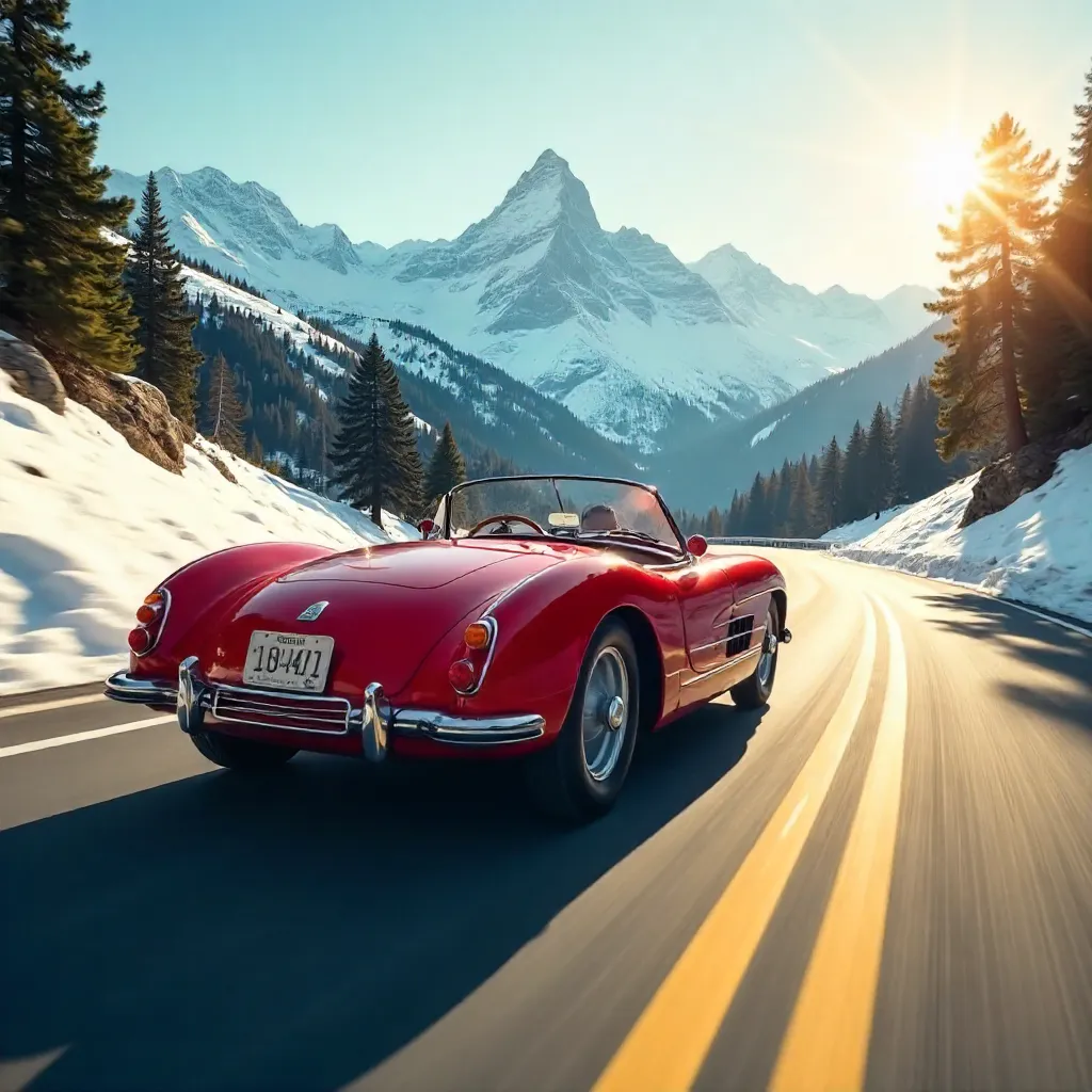 Snowbound Ridge: Vintage Sports Car on Alpine Road