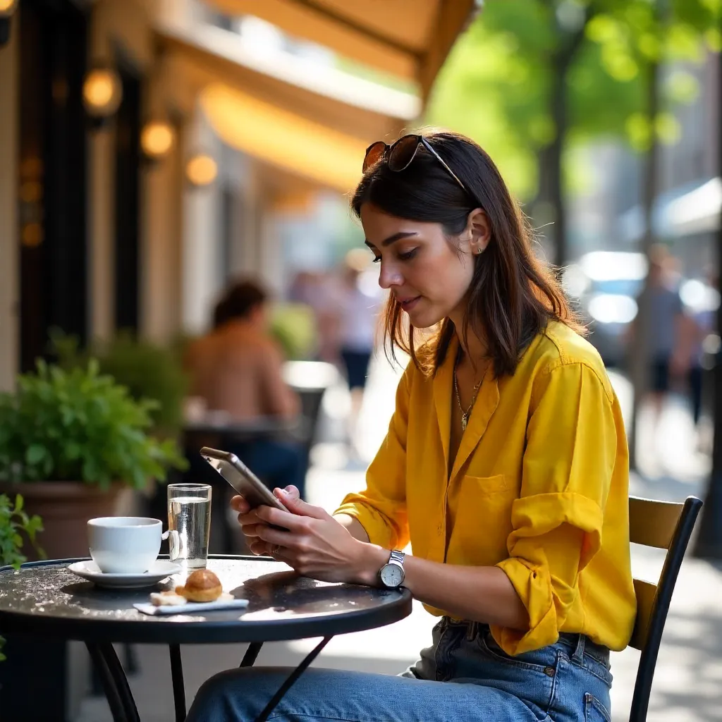 Outdoor Café Moment: Woman in Yellow Shirt with Smartphone