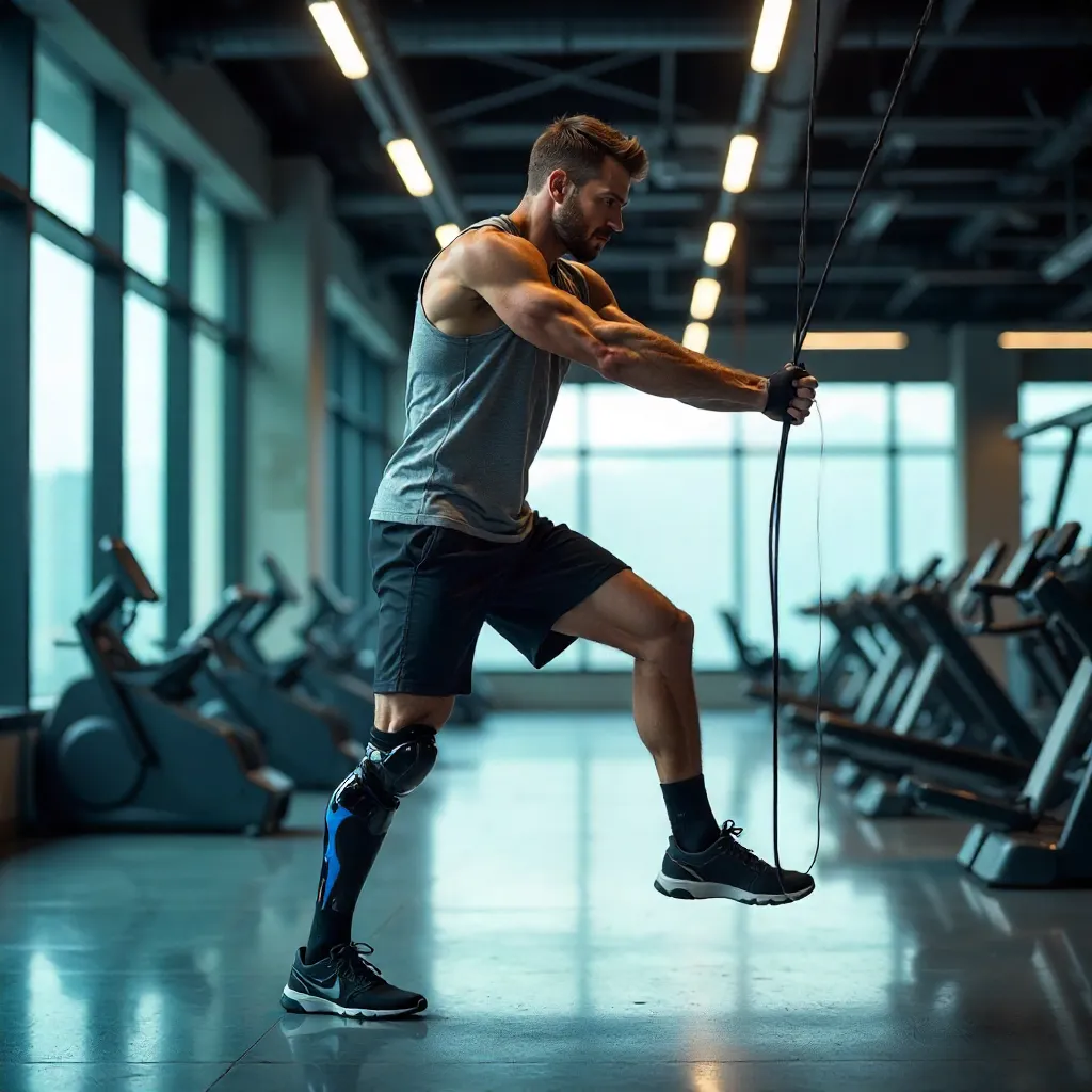 Energetic Young Man with Prosthetic Leg in Modern Gym
