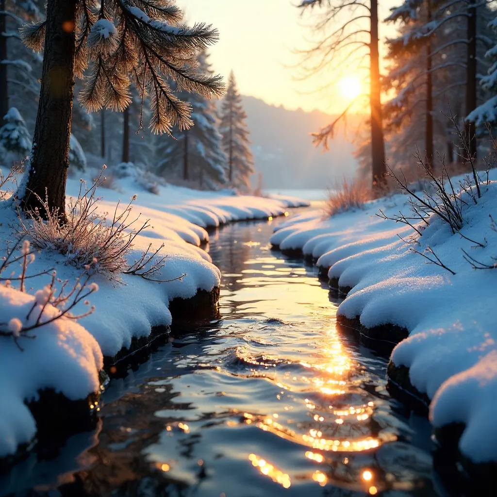 Sunlit Snowy Stream: A Serene Winter Morning