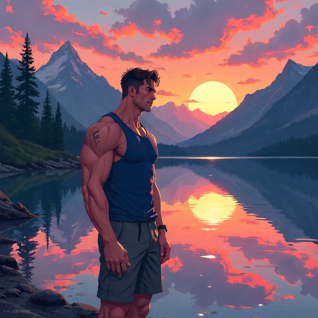 Muscular Caucasian Man by a Lake in Anime Style
