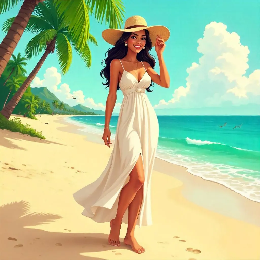Elegant Latina Woman on a Sunny Beach (Cartoon)