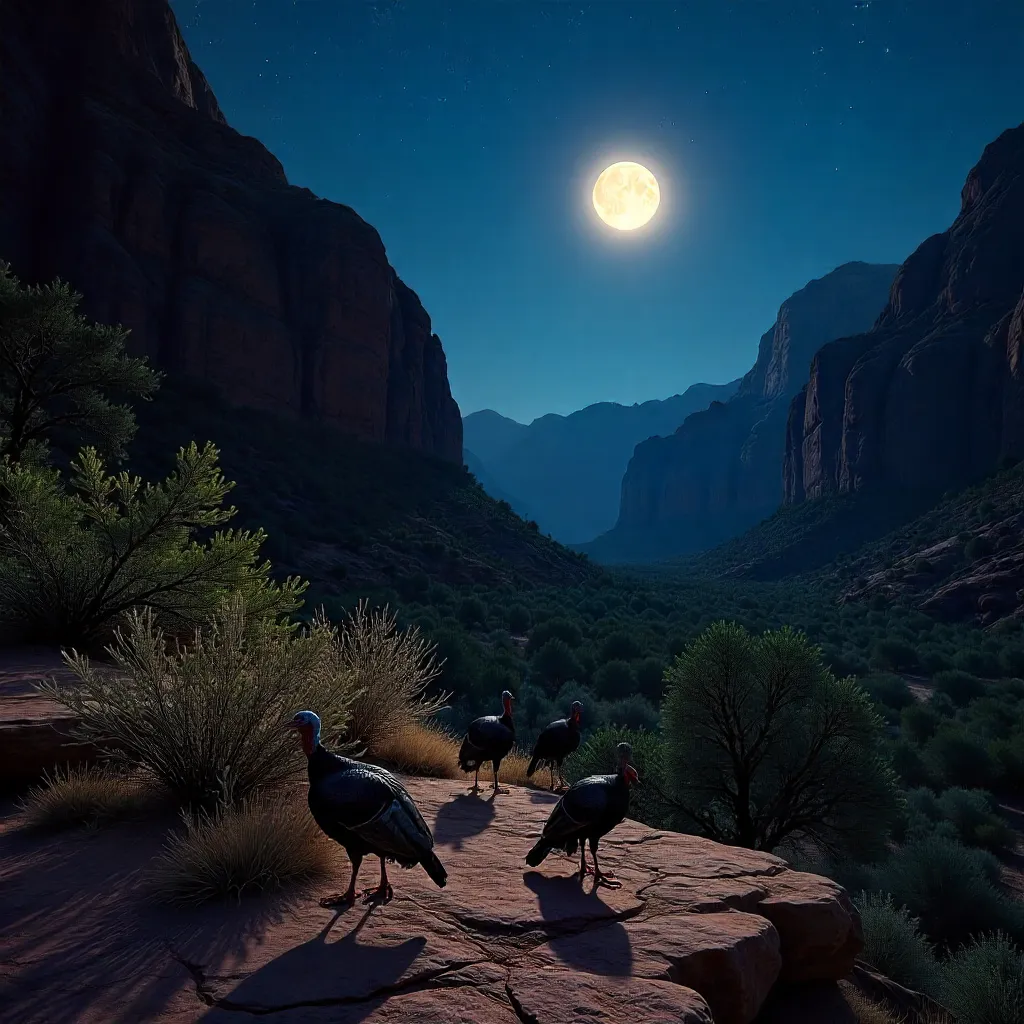 Moonlit Wild Turkeys Over Zion's Red Rockscape