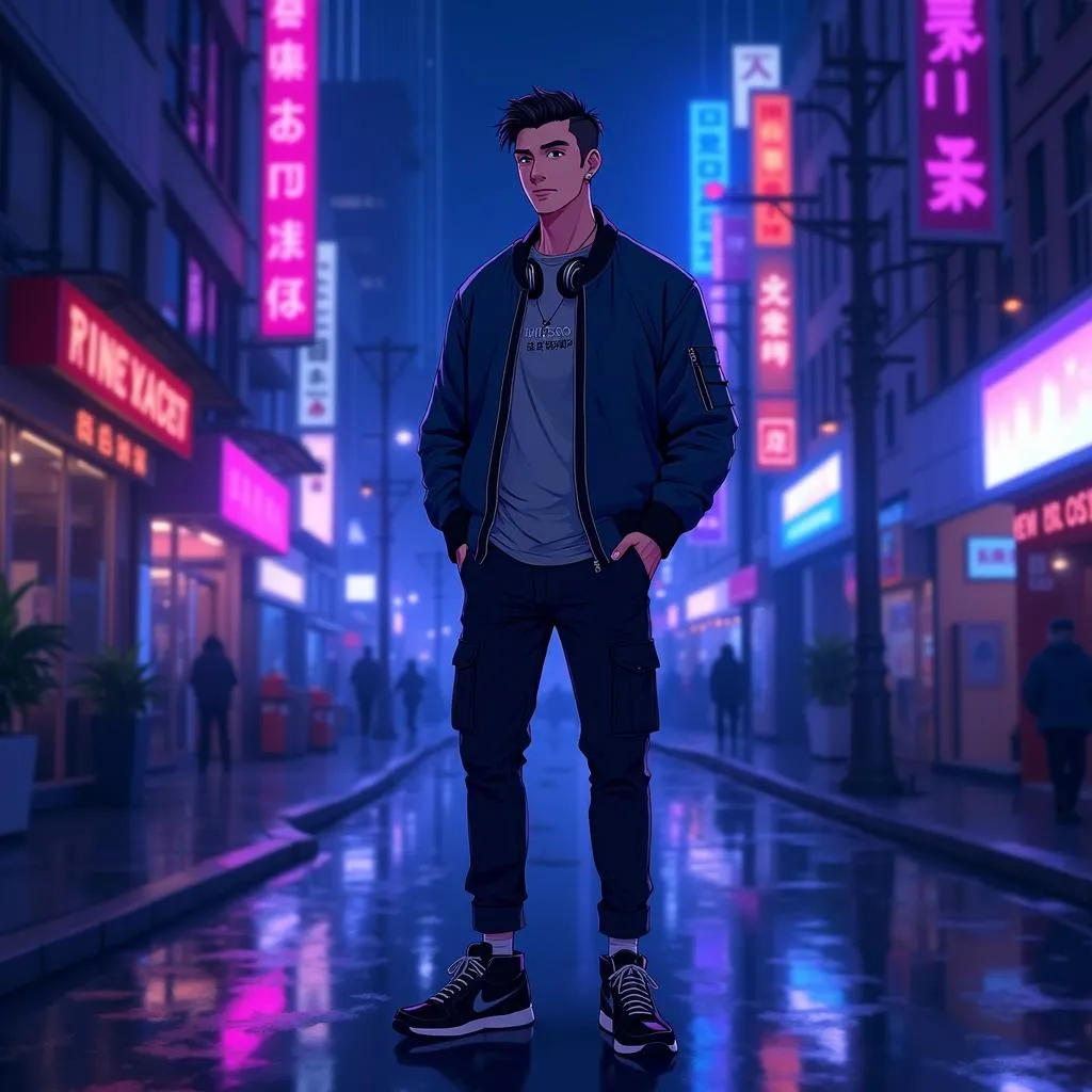 Neon Nights: Stylish Asian Man in Anime City
