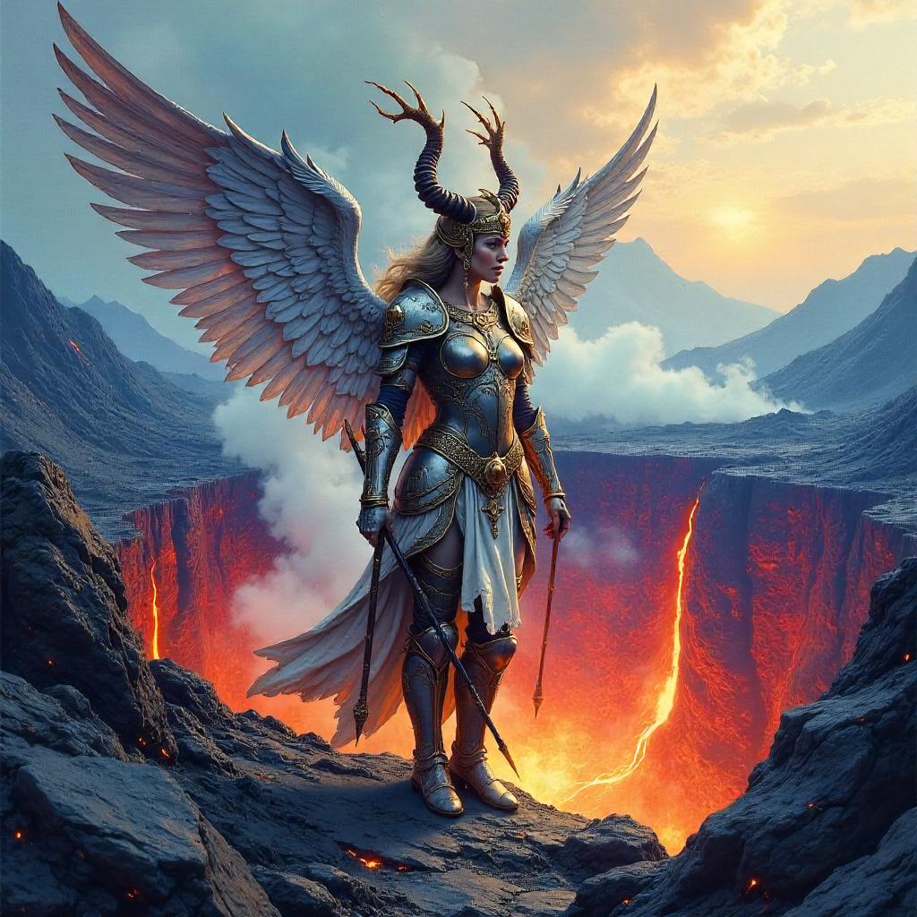 Valiant Valkyrie in a Volcanic Crater (Watercolor)