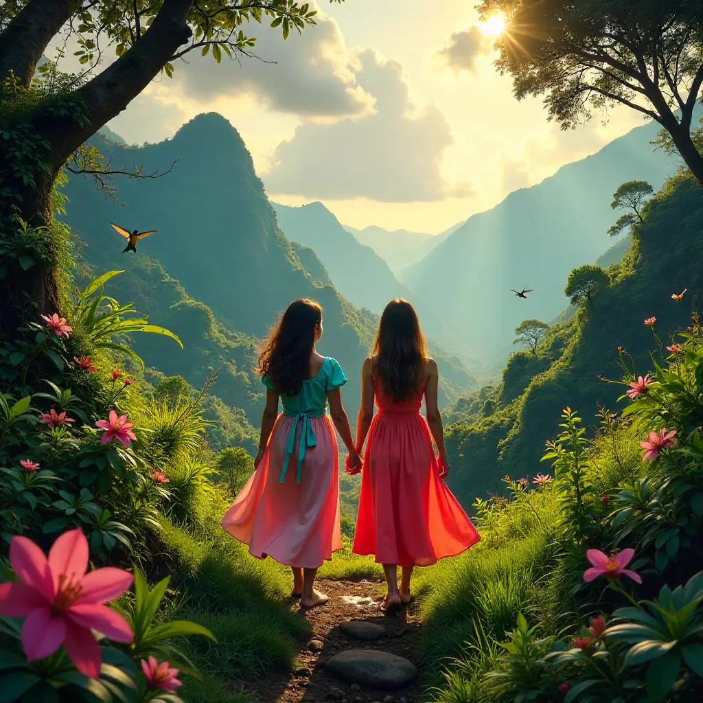 Two Sisters in Colorful Dresses in Tingo María Hills