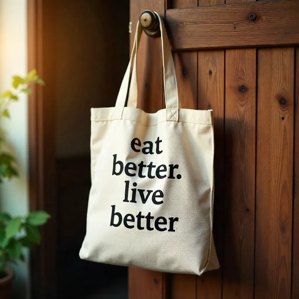 Tote Bag on Wooden Door: Eat Better, Live Better