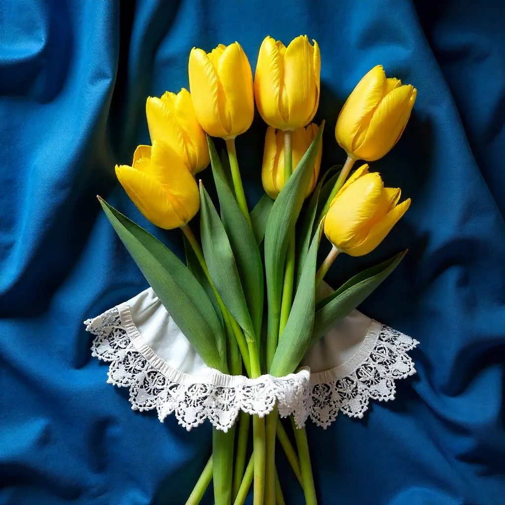 Vintage flat lay: yellow tulips on fabric with white ruffle collar