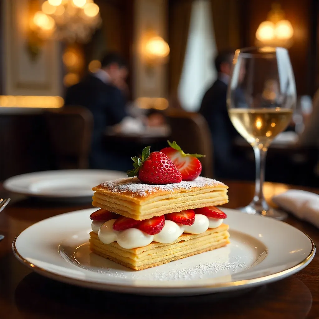 Elegant Mille-Feuille with Strawberries in a Fine-Dining Setting