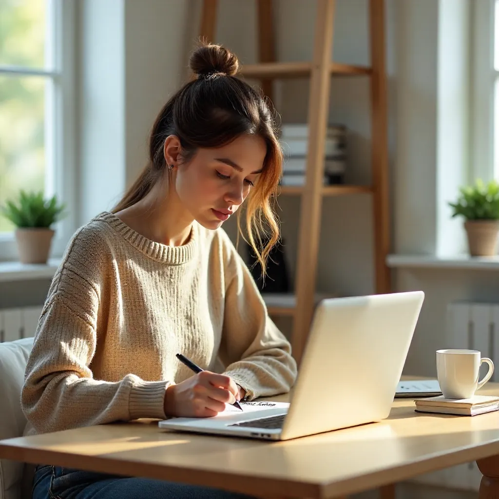 Focused Young Woman Taking Notes in a Home Office