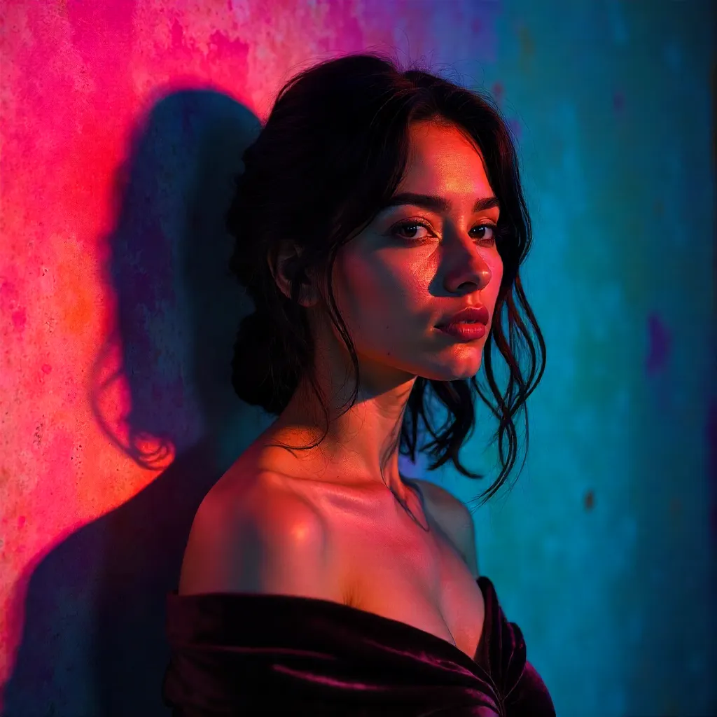 Dramatic Portrait of a Woman in Colorful Light