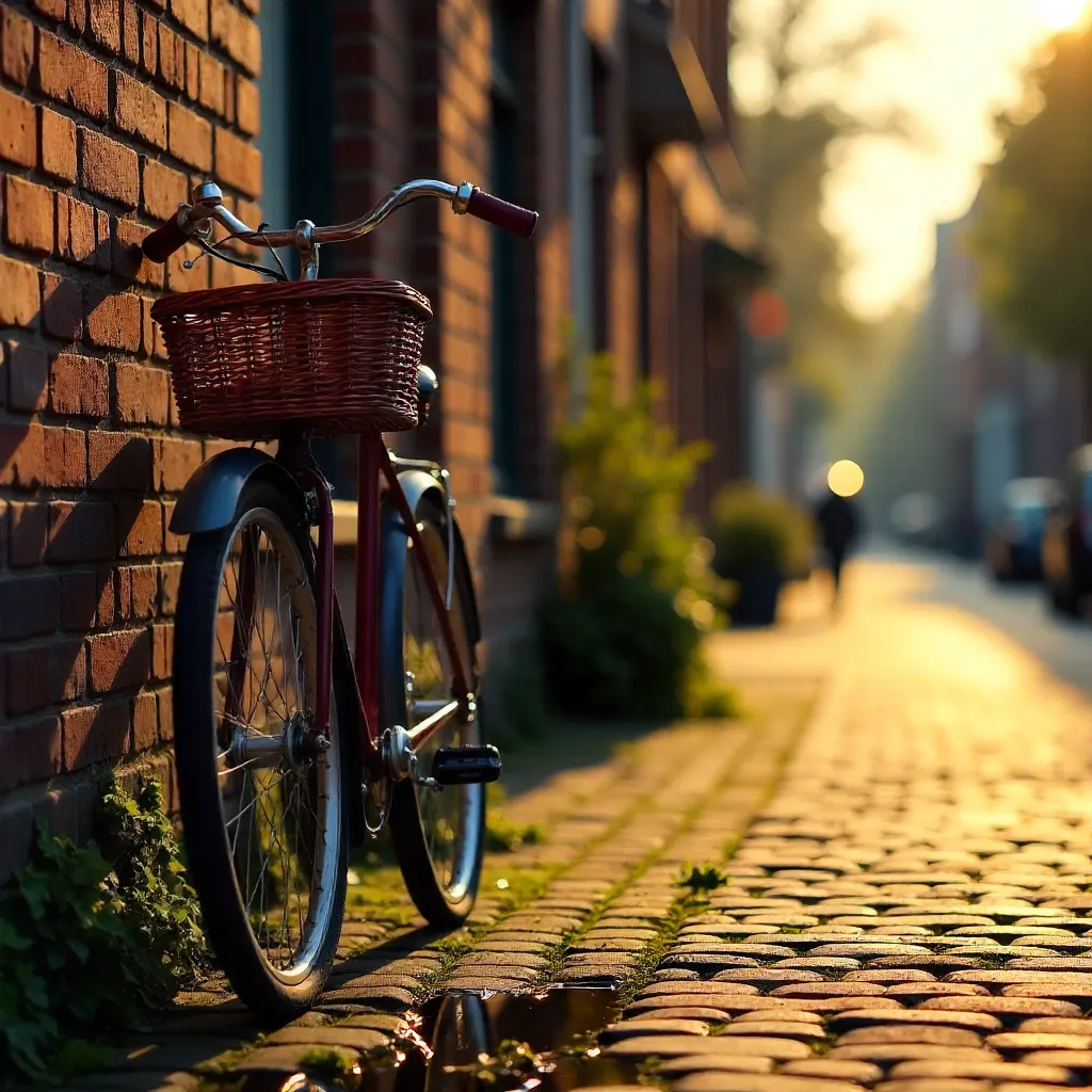 Sunlit Omafiets Resting by Amsterdam Brick Wall