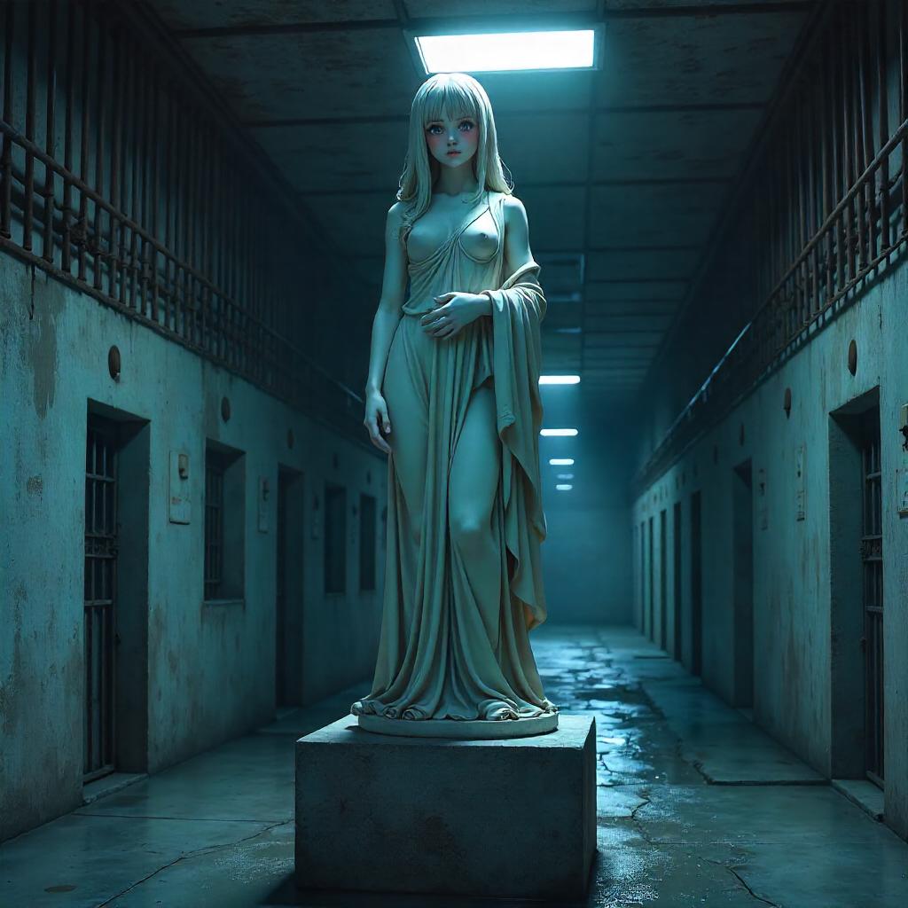 Silent Anime Statue in a Dim Prison Cell