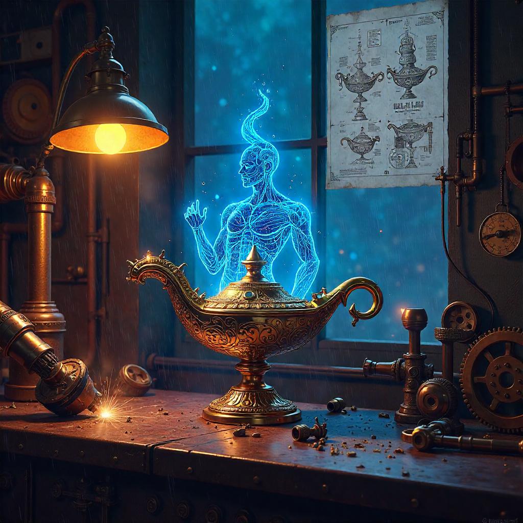 Genie in a Neon Steampunk Workshop