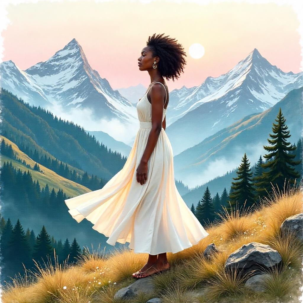 Elegance in Mist: Black Woman in Mountain Watercolor