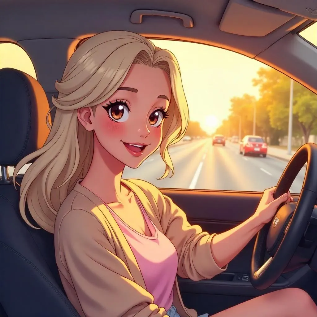 Cheerful Anime Woman in a Car