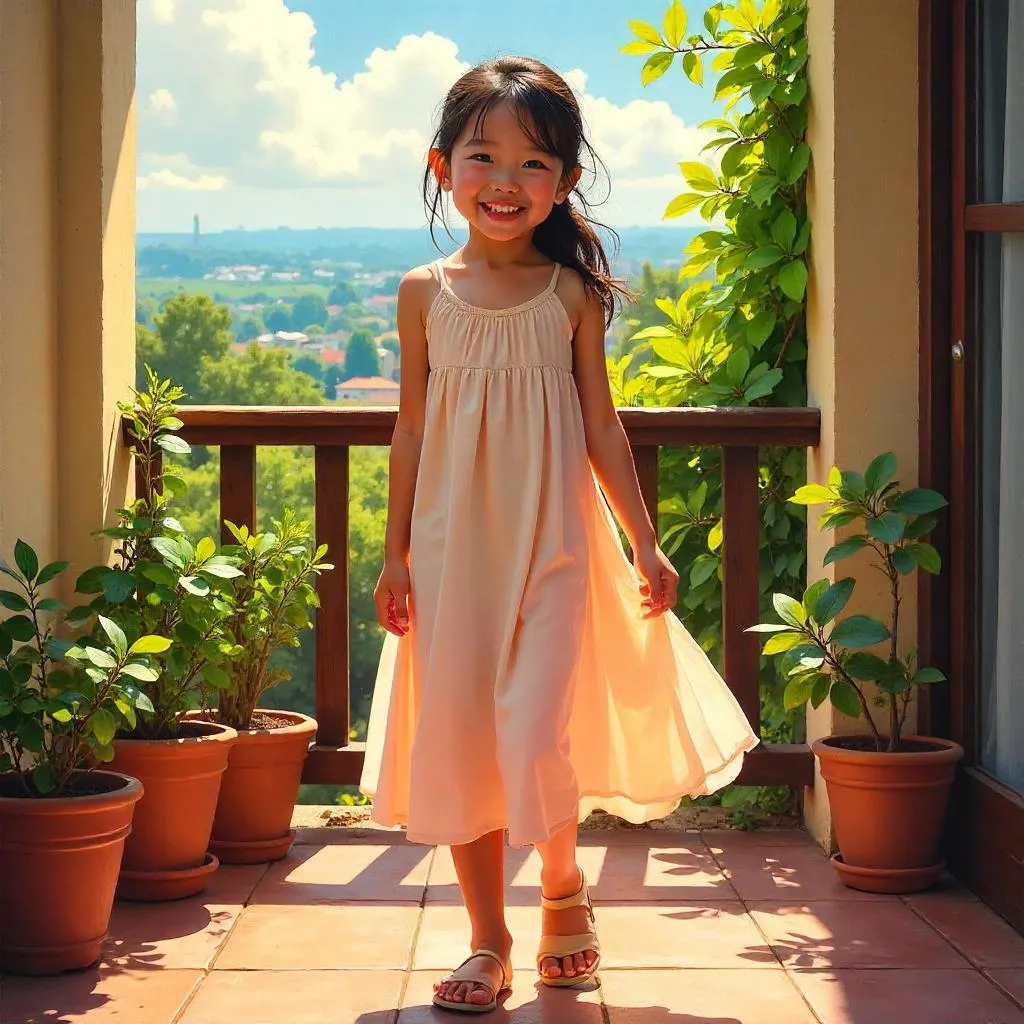 Cheerful Asian Girl on a Sunlit Terrace