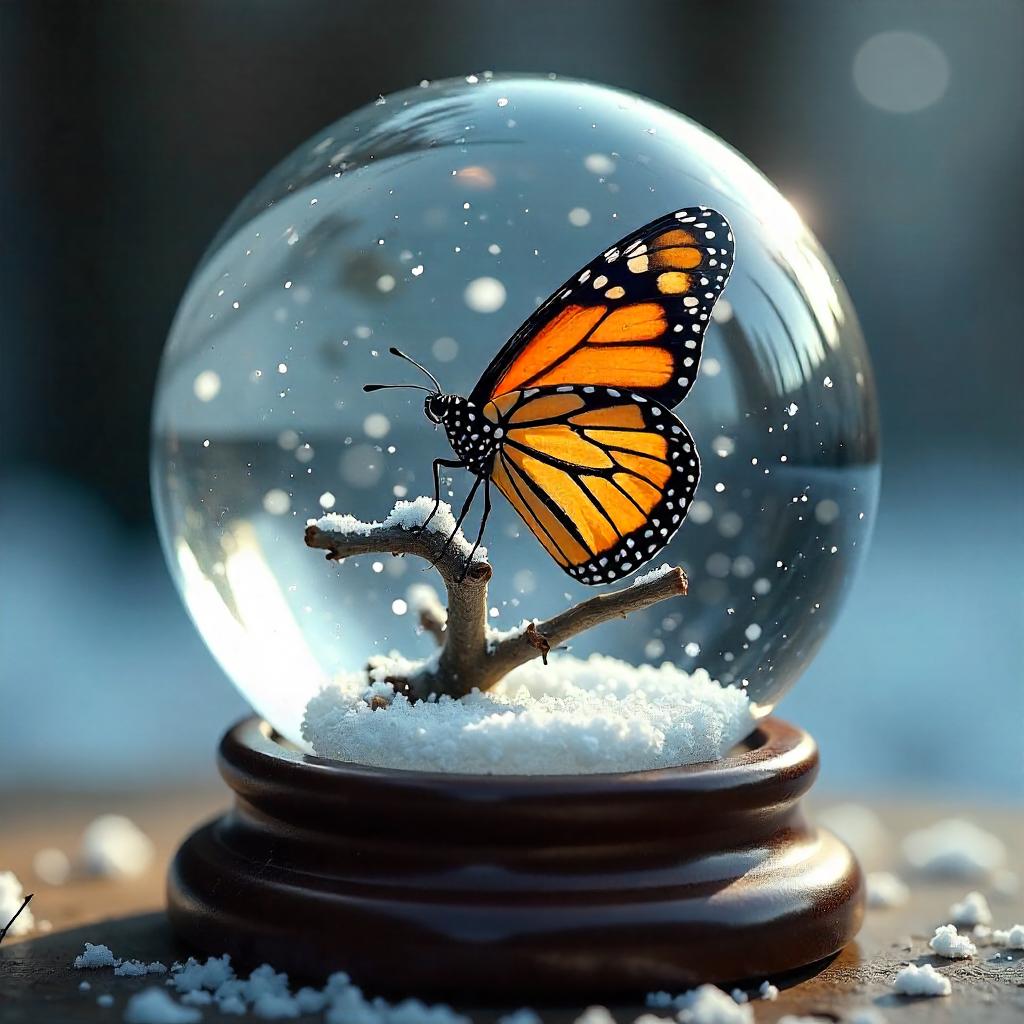 Photorealistic Butterfly in a Snow Globe