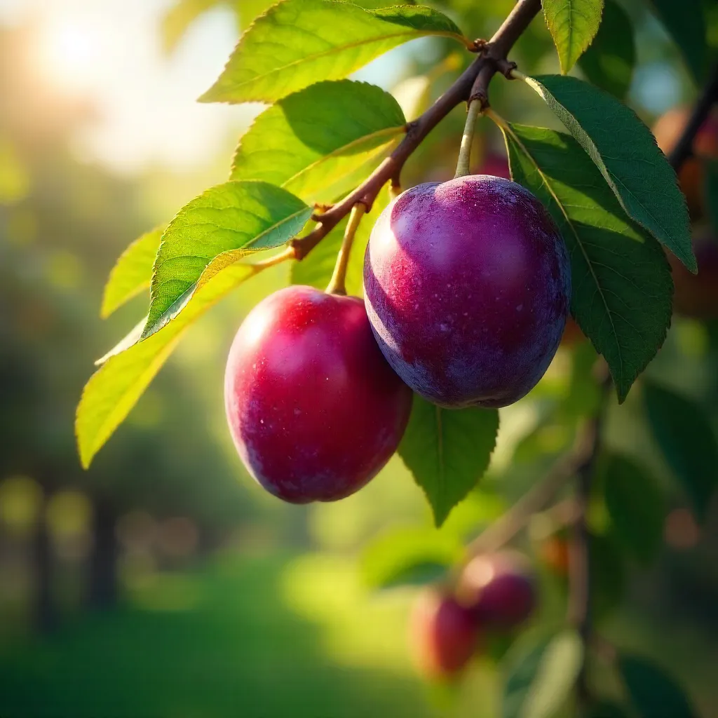 Vibrant Plums in a Sunlit Summer Orchard