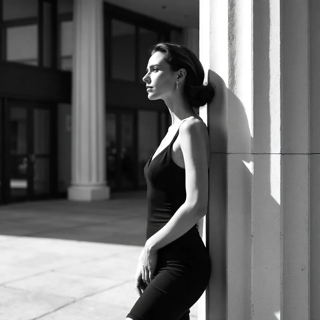 Monochrome Grace by a Modern Building Column