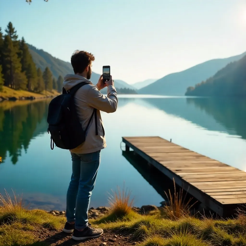 Person photographing a tranquil lake with a smartphone