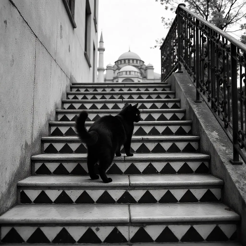 Black Cat on Geometric Istanbul Stairs in Monochrome