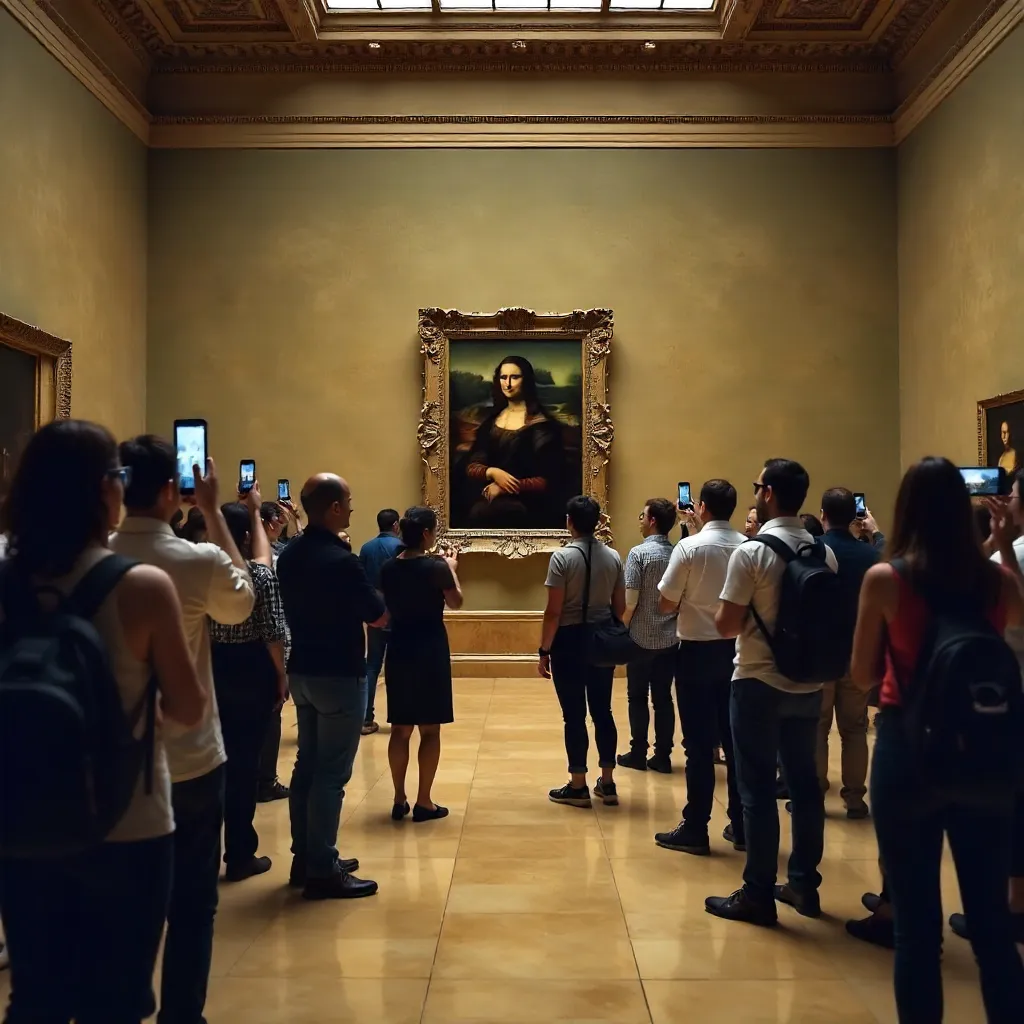 Visitors photograph the Mona Lisa at the Louvre