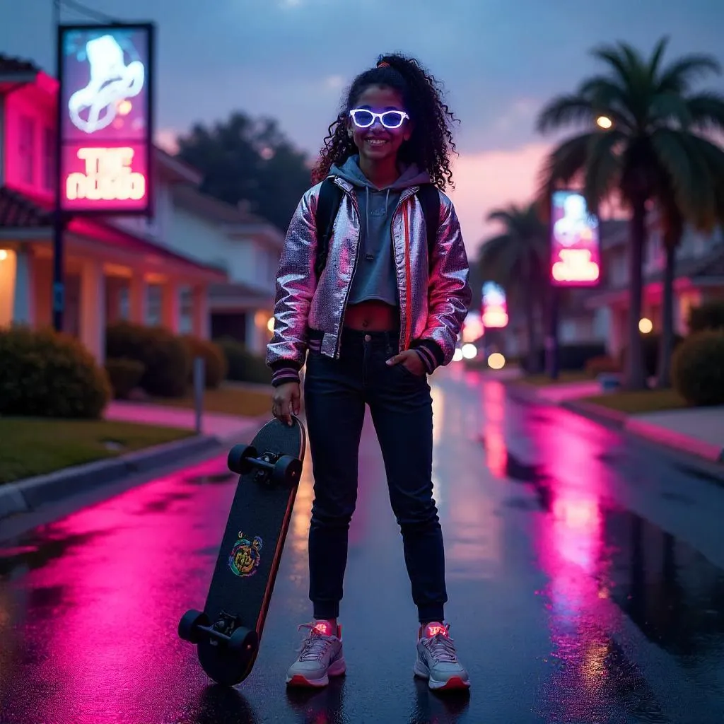 Cheerful Latina in Cyberpunk Suburban Neon