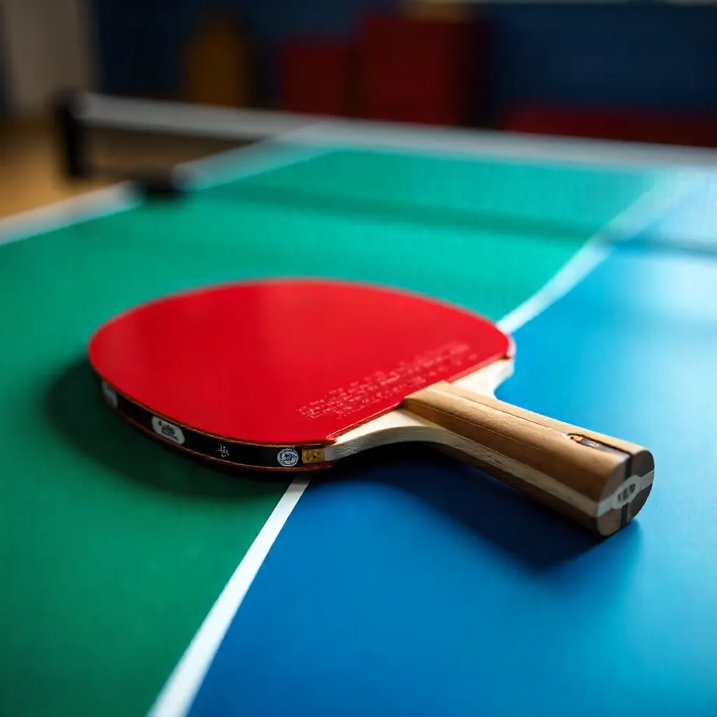 Crimson Paddle on a Green-Blue Ping Pong Table
