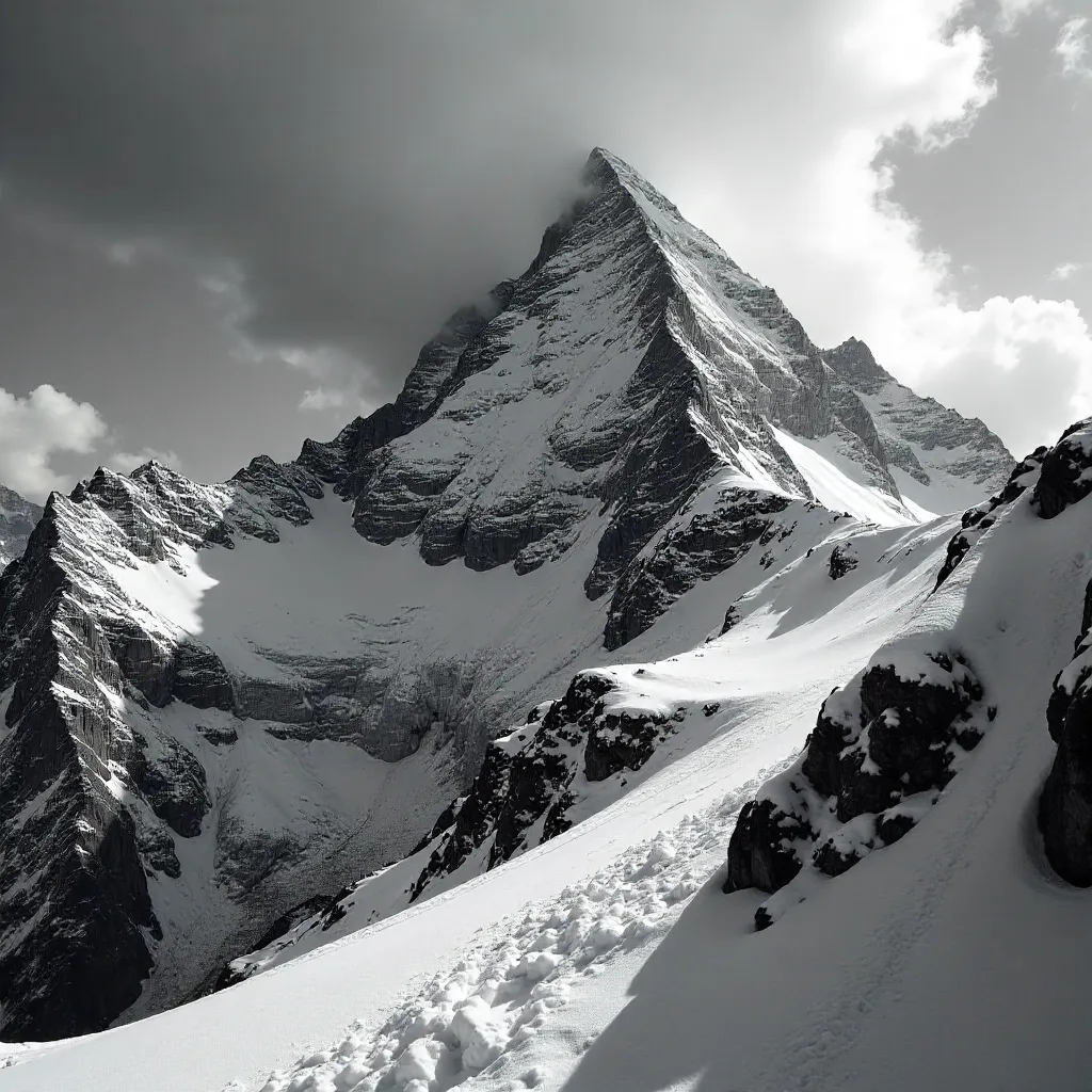 Chiaroscuro Peak: Snow-Covered Summit in Black and White