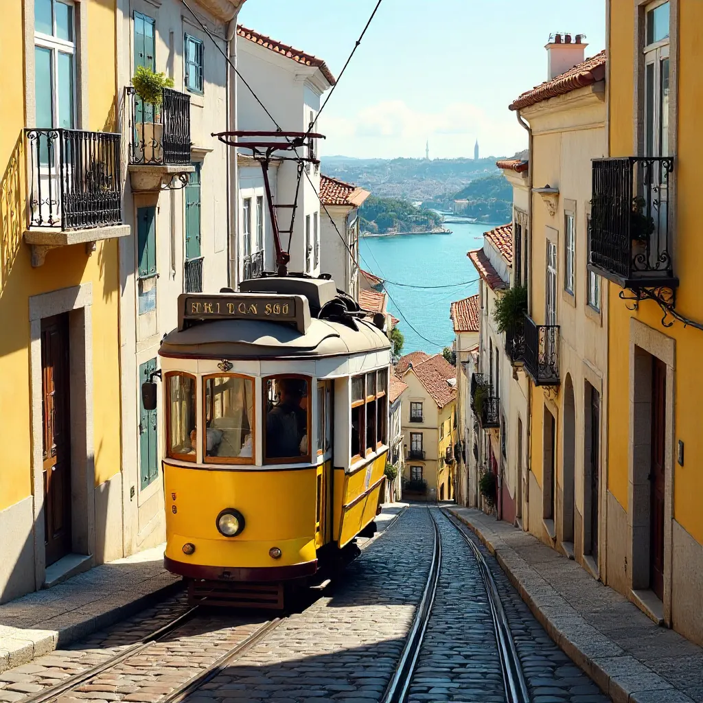 Vintage Yellow Tram on Lisbon's Cobbled Hills