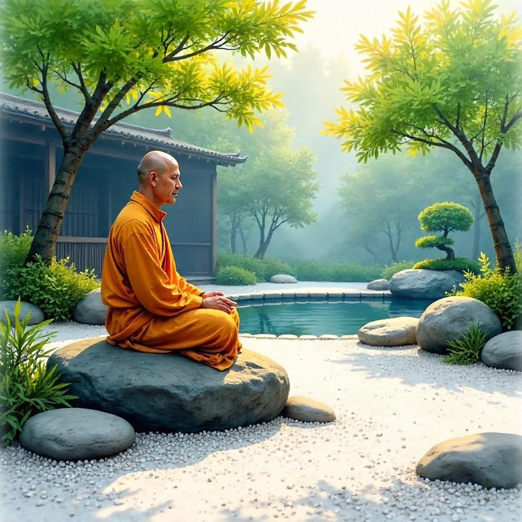 Watercolor Monk in a Tranquil Zen Garden